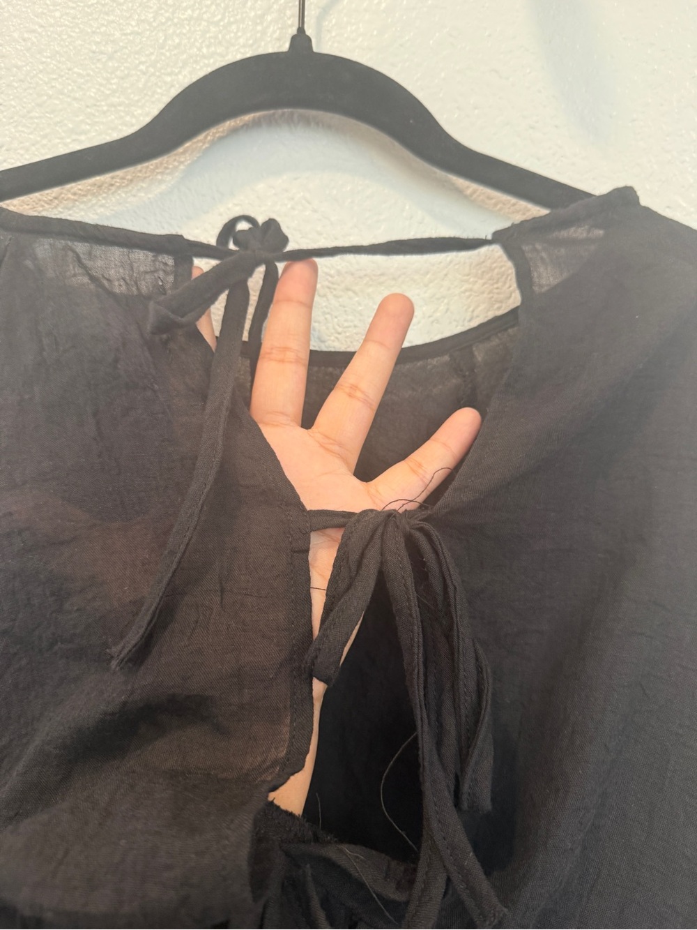 Mustard Seed Women’s Small Linen Viscose Tie Back Black Top Peasant Blouse - Picture 5 of 6